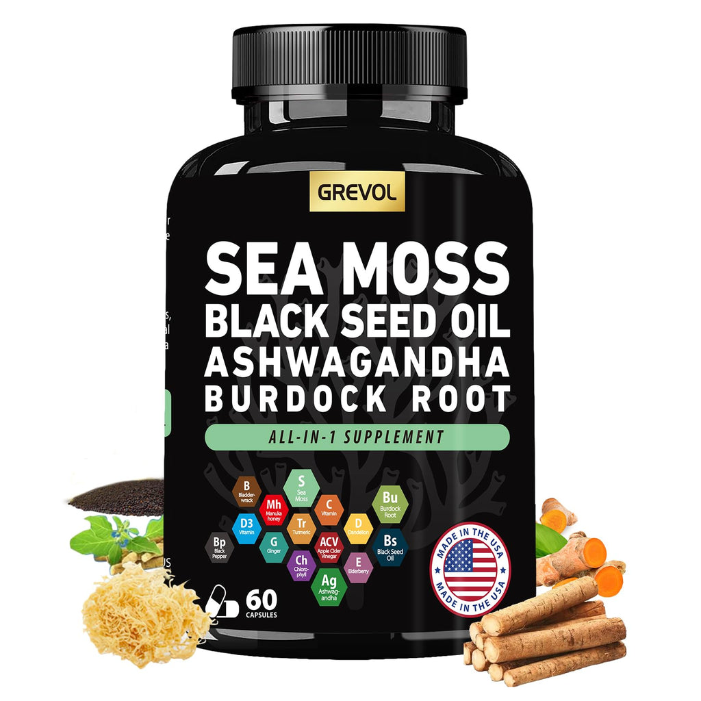 Sea Moss Black Seed Oil Ashwagandha Bladderwrack Burdock Root Turmeric & Vitamin C D3 Elderberry ACV Black Pepper - Multimineral Supplement - 60 Count - TrustMedUSA
