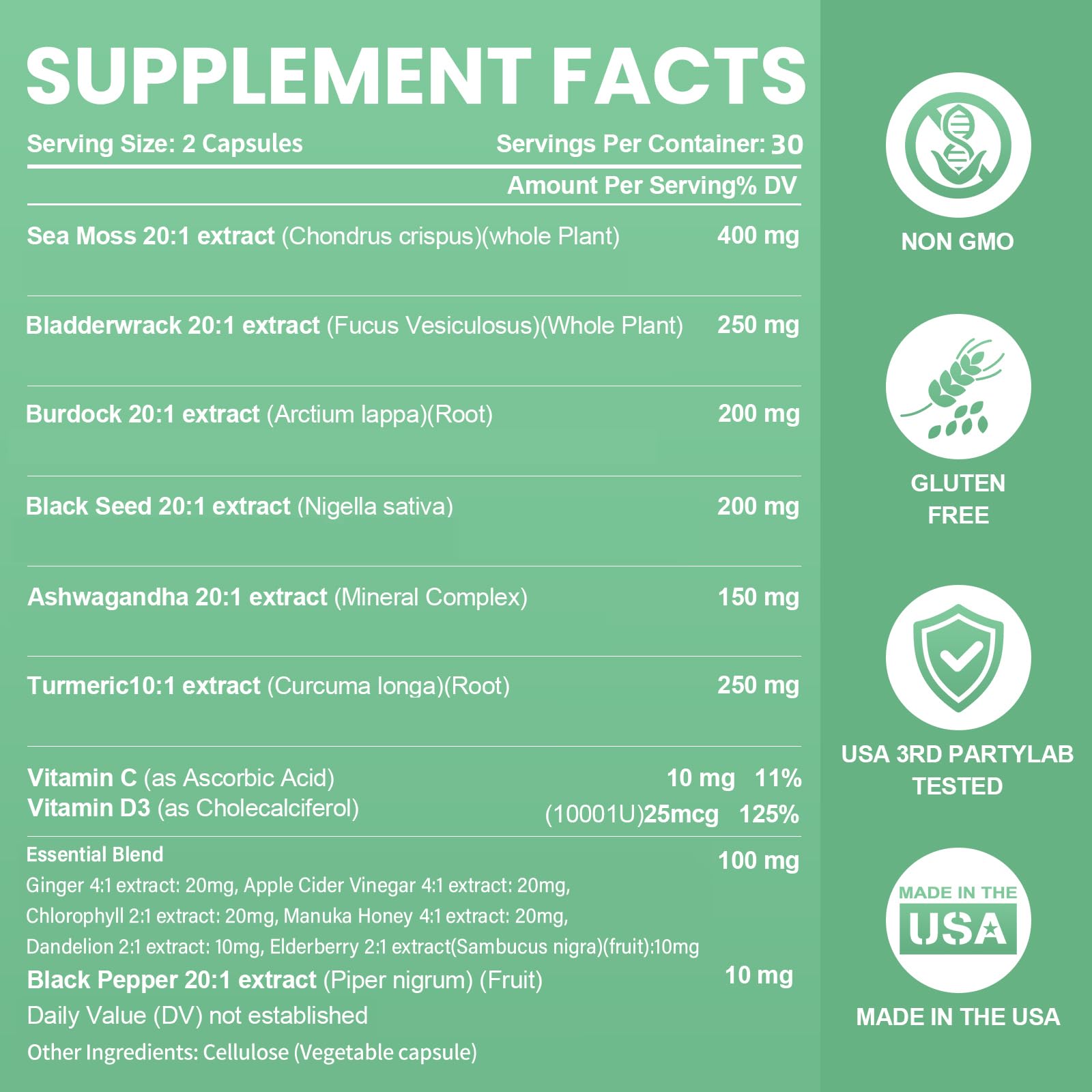 Sea Moss Black Seed Oil Ashwagandha Bladderwrack Burdock Root Turmeric & Vitamin C D3 Elderberry ACV Black Pepper - Multimineral Supplement - 60 Count - TrustMedUSA