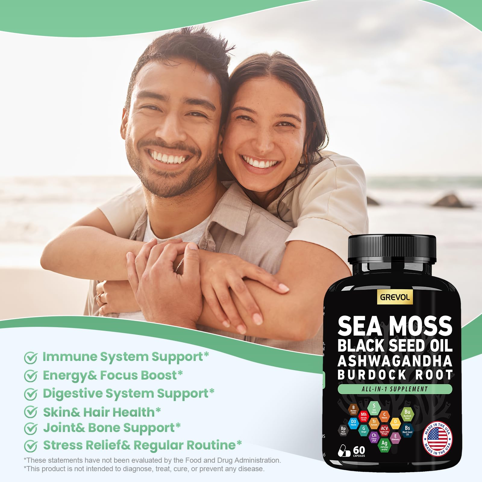 Sea Moss Black Seed Oil Ashwagandha Bladderwrack Burdock Root Turmeric & Vitamin C D3 Elderberry ACV Black Pepper - Multimineral Supplement - 60 Count - TrustMedUSA