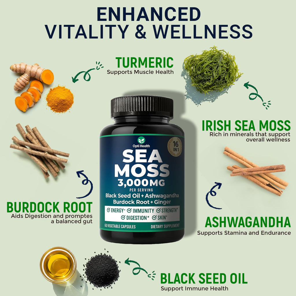 Sea Moss Black Seed Oil Ashwagandha Ginger - Advanced Irish Sea Moss Capsules All in One Supplement with Seamoss Black Seed Oil Ashwagandha Burdock Root Bladderwrack - Pills for Energy, Immune, Gut - TrustMedUSA