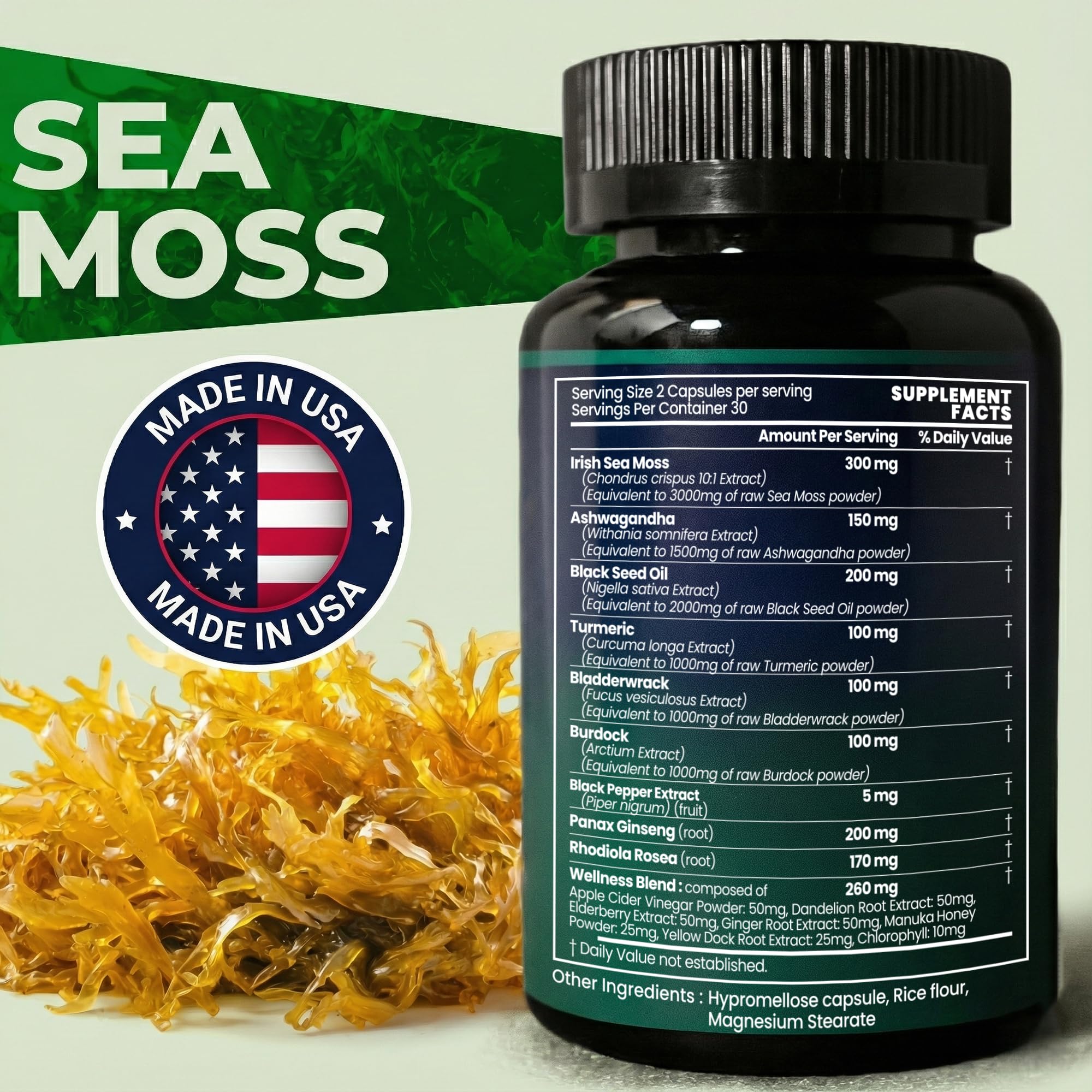 Sea Moss Black Seed Oil Ashwagandha Ginger - Advanced Irish Sea Moss Capsules All in One Supplement with Seamoss Black Seed Oil Ashwagandha Burdock Root Bladderwrack - Pills for Energy, Immune, Gut - TrustMedUSA