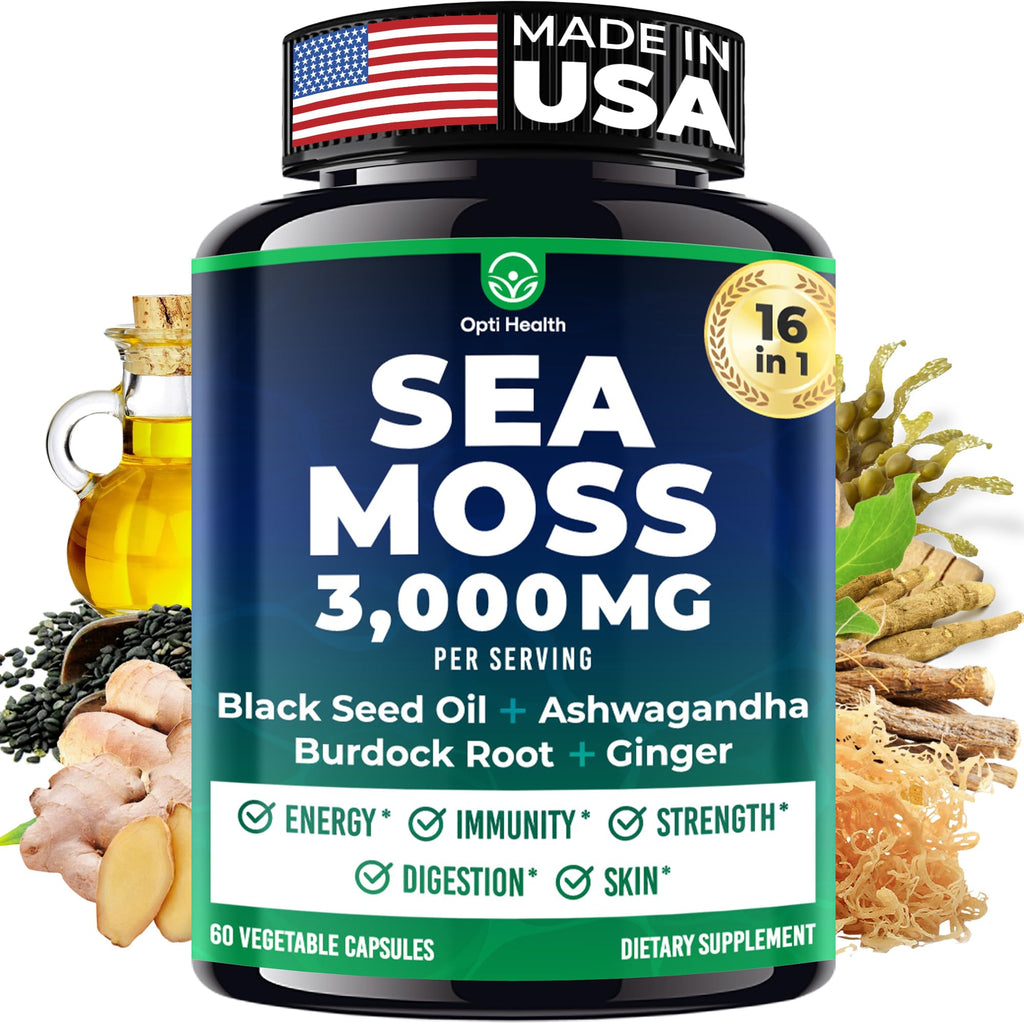 Sea Moss Black Seed Oil Ashwagandha Ginger - Advanced Irish Sea Moss Capsules All in One Supplement with Seamoss Black Seed Oil Ashwagandha Burdock Root Bladderwrack - Pills for Energy, Immune, Gut - TrustMedUSA