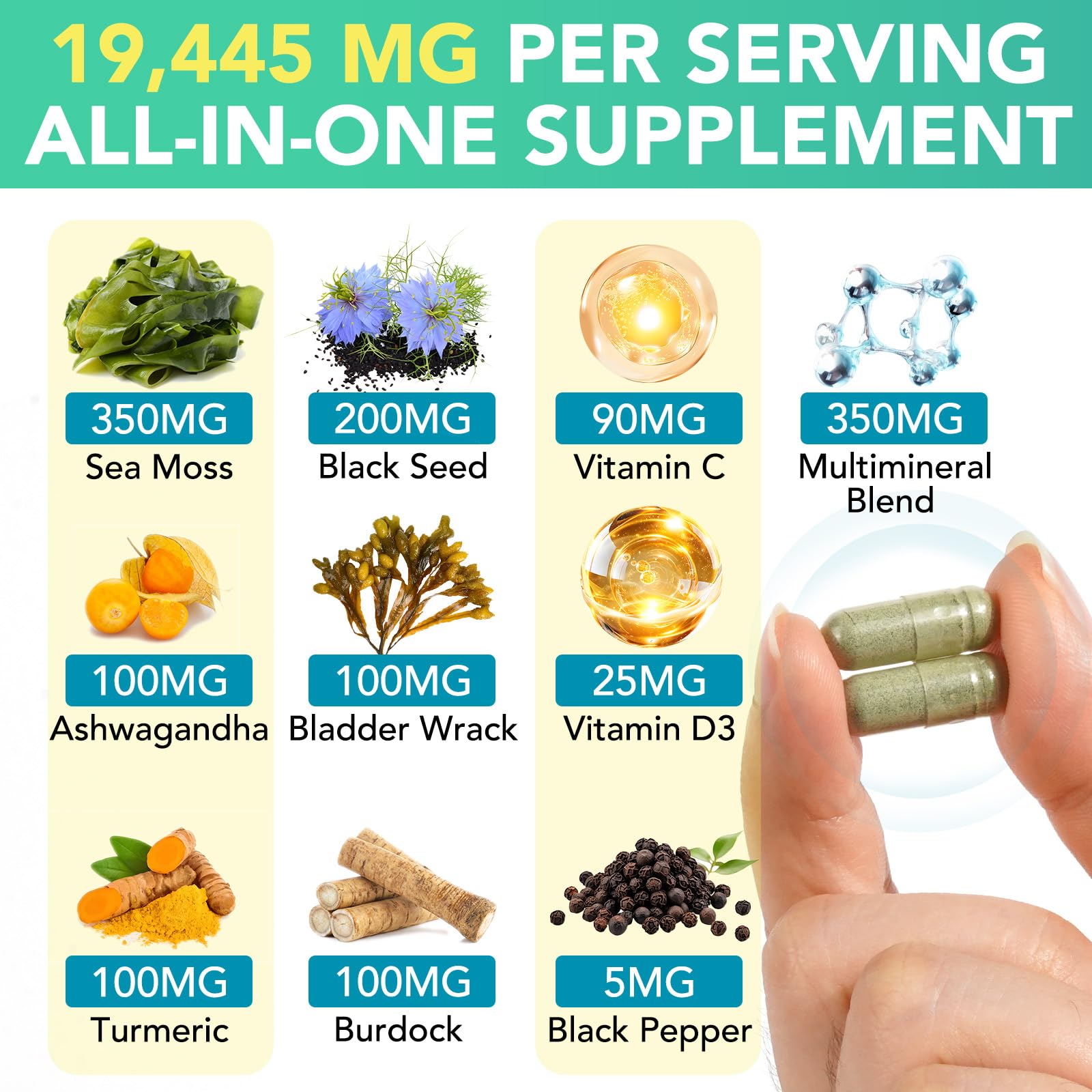 Sea Moss Black Seed Oil Ashwagandha Ginger Capsules, Seamoss Capsules Supplement with Bladderwrack Burdock & Vitamin C Vitamin D3 for Women & Men-Enhanced Immunity,60 Counts - TrustMedUSA