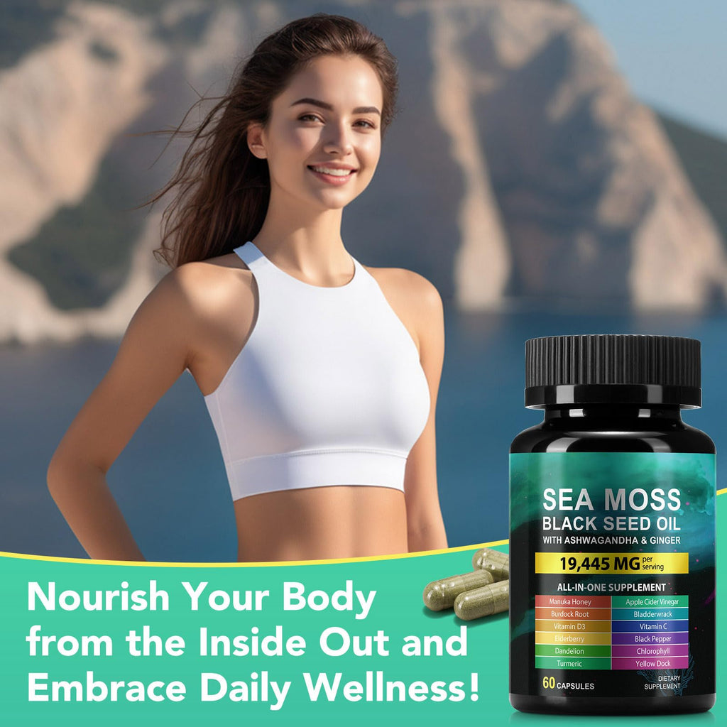 Sea Moss Black Seed Oil Ashwagandha Ginger Capsules, Seamoss Capsules Supplement with Bladderwrack Burdock & Vitamin C Vitamin D3 for Women & Men-Enhanced Immunity,60 Counts - TrustMedUSA