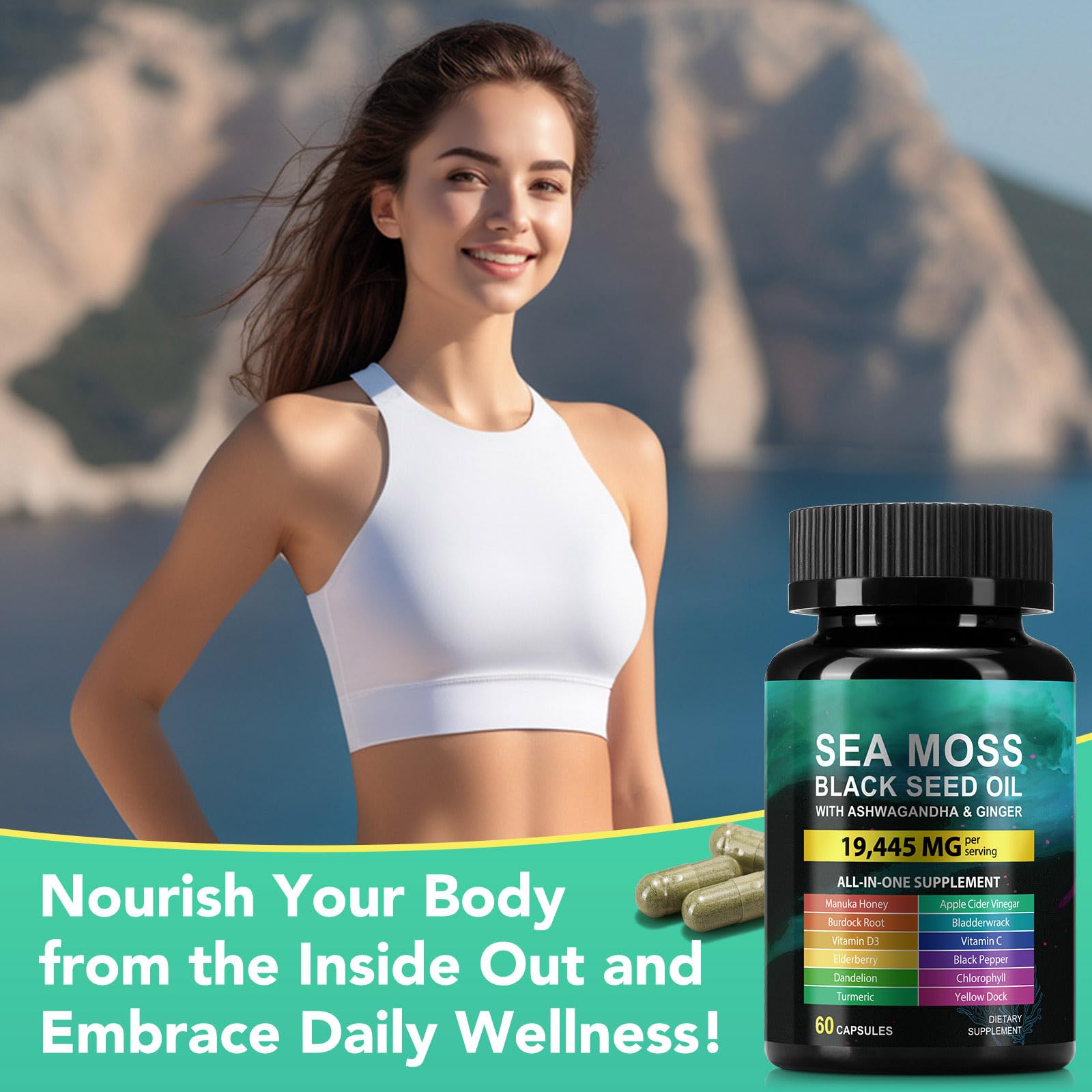 Sea Moss Black Seed Oil Ashwagandha Ginger Capsules, Seamoss Capsules Supplement with Bladderwrack Burdock & Vitamin C Vitamin D3 for Women & Men-Enhanced Immunity,60 Counts - TrustMedUSA