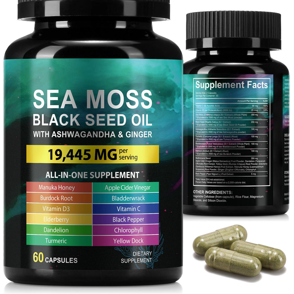 Sea Moss Black Seed Oil Ashwagandha Ginger Capsules, Seamoss Capsules Supplement with Bladderwrack Burdock & Vitamin C Vitamin D3 for Women & Men-Enhanced Immunity,60 Counts - TrustMedUSA