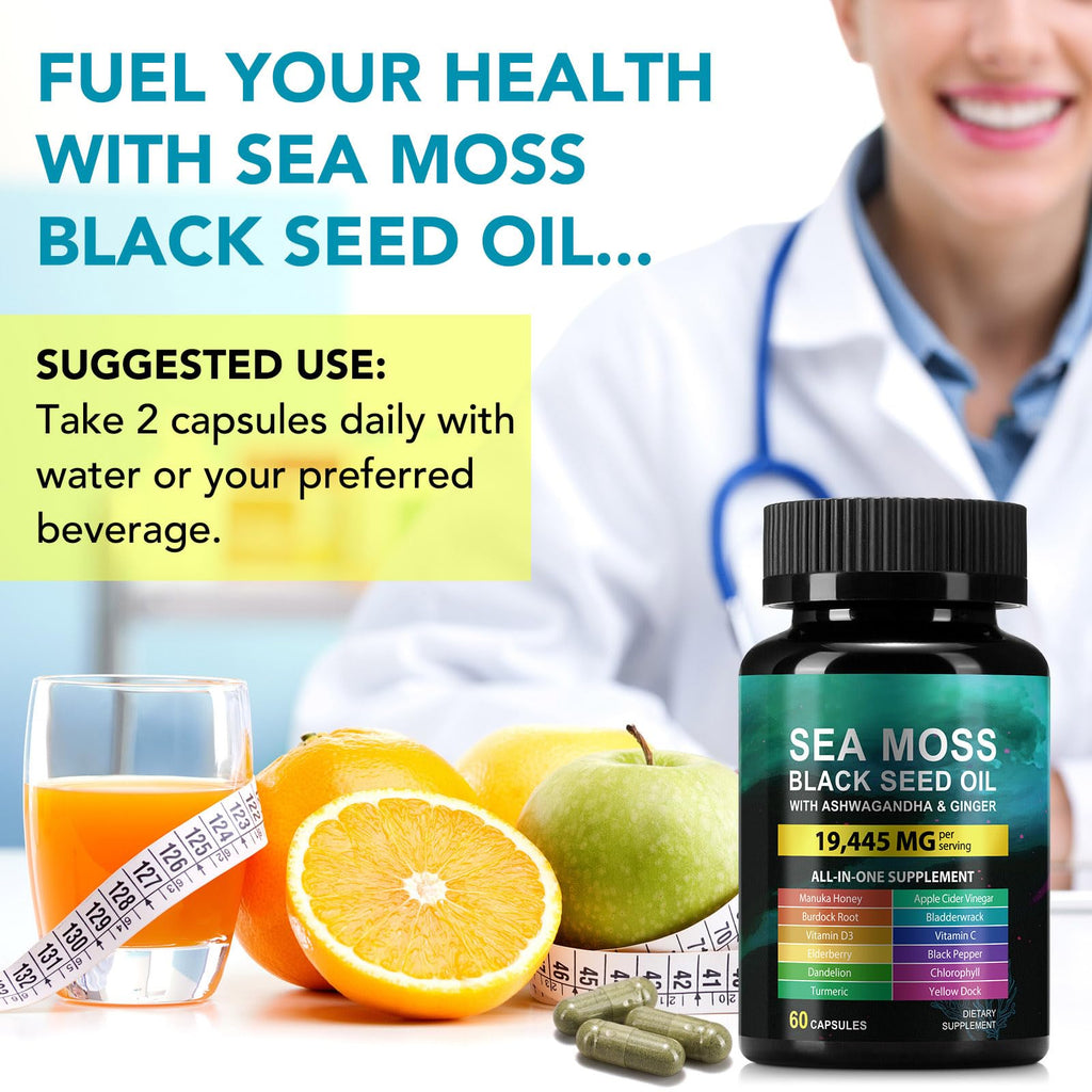 Sea Moss Black Seed Oil Ashwagandha Ginger Capsules, Seamoss Capsules Supplement with Bladderwrack Burdock & Vitamin C Vitamin D3 for Women & Men-Enhanced Immunity,60 Counts - TrustMedUSA