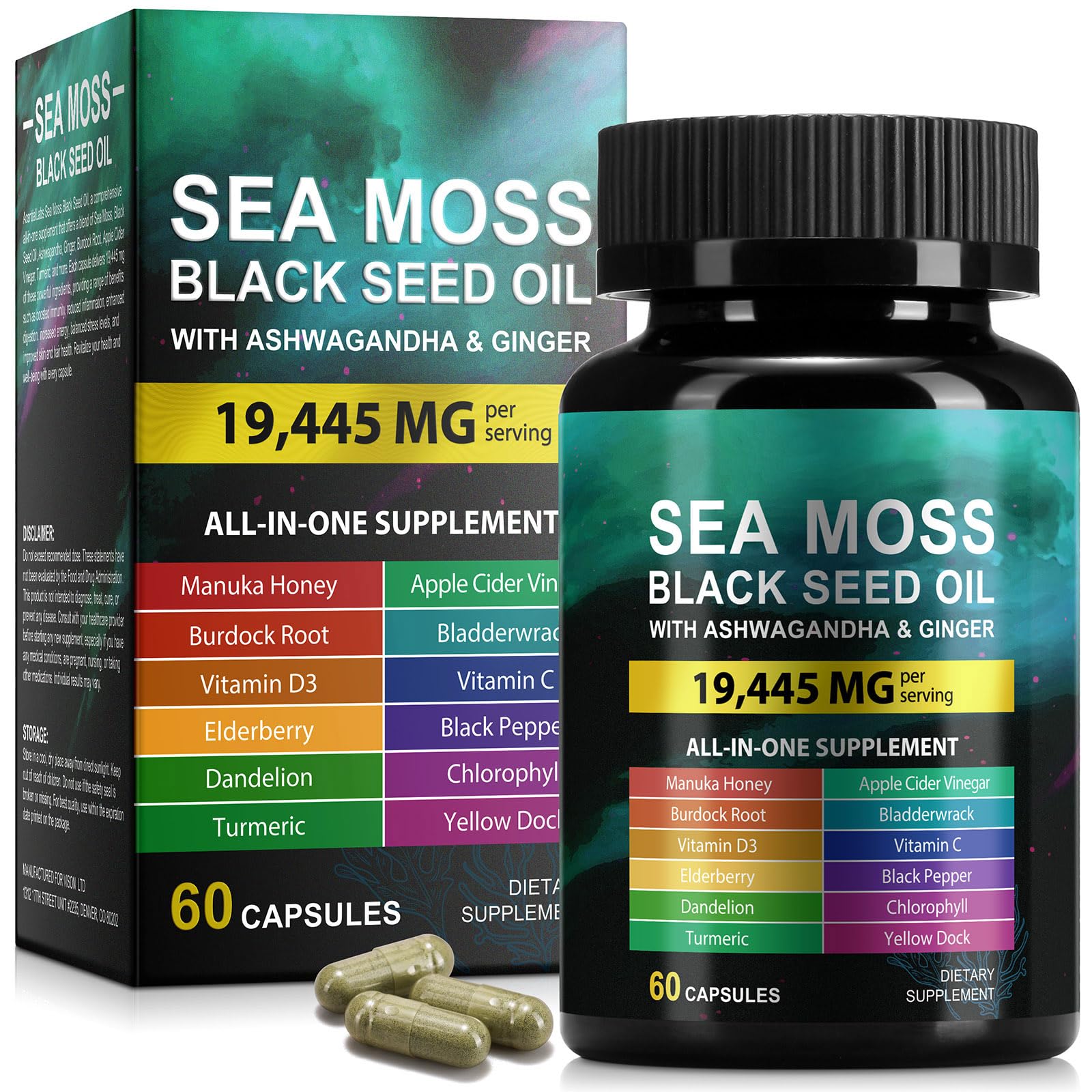 Sea Moss Black Seed Oil Ashwagandha Ginger Capsules, Seamoss Capsules Supplement with Bladderwrack Burdock & Vitamin C Vitamin D3 for Women & Men-Enhanced Immunity,60 Counts - TrustMedUSA