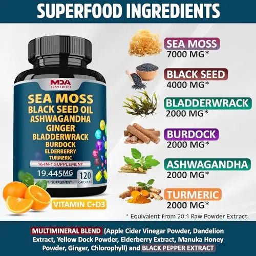 Sea Moss Black Seed Oil Ashwagandha Ginger - Multimineral Sea Moss Capsules - TrustMedUSA