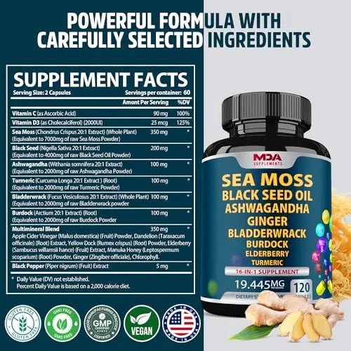 Sea Moss Black Seed Oil Ashwagandha Ginger - Multimineral Sea Moss Capsules - TrustMedUSA