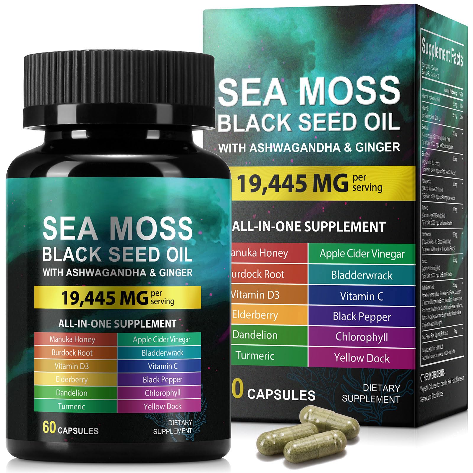 Sea Moss Black Seed Oil Ashwagandha Ginger, Sea Moss Capsule Supplement with Turmeric Burdock Root Bladderwrack Vitamin C Vitamin D3 Enhanced Immunity - TrustMedUSA