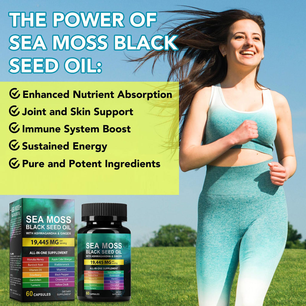 Sea Moss Black Seed Oil Ashwagandha Ginger, Sea Moss Capsule Supplement with Turmeric Burdock Root Bladderwrack Vitamin C Vitamin D3 Enhanced Immunity - TrustMedUSA