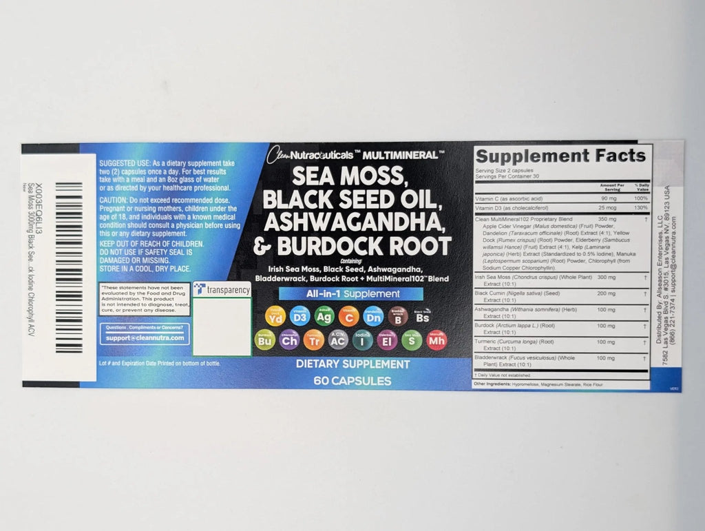 Sea Moss Black Seed Oil Ashwagandha Turmeric Bladderwrack Burdock & Vitamin C Vitamin D3 with Elderberry Manuka Dandelion Yellow Dock Iodine Chlorophyll ACV - 5Pack - TrustMedUSA
