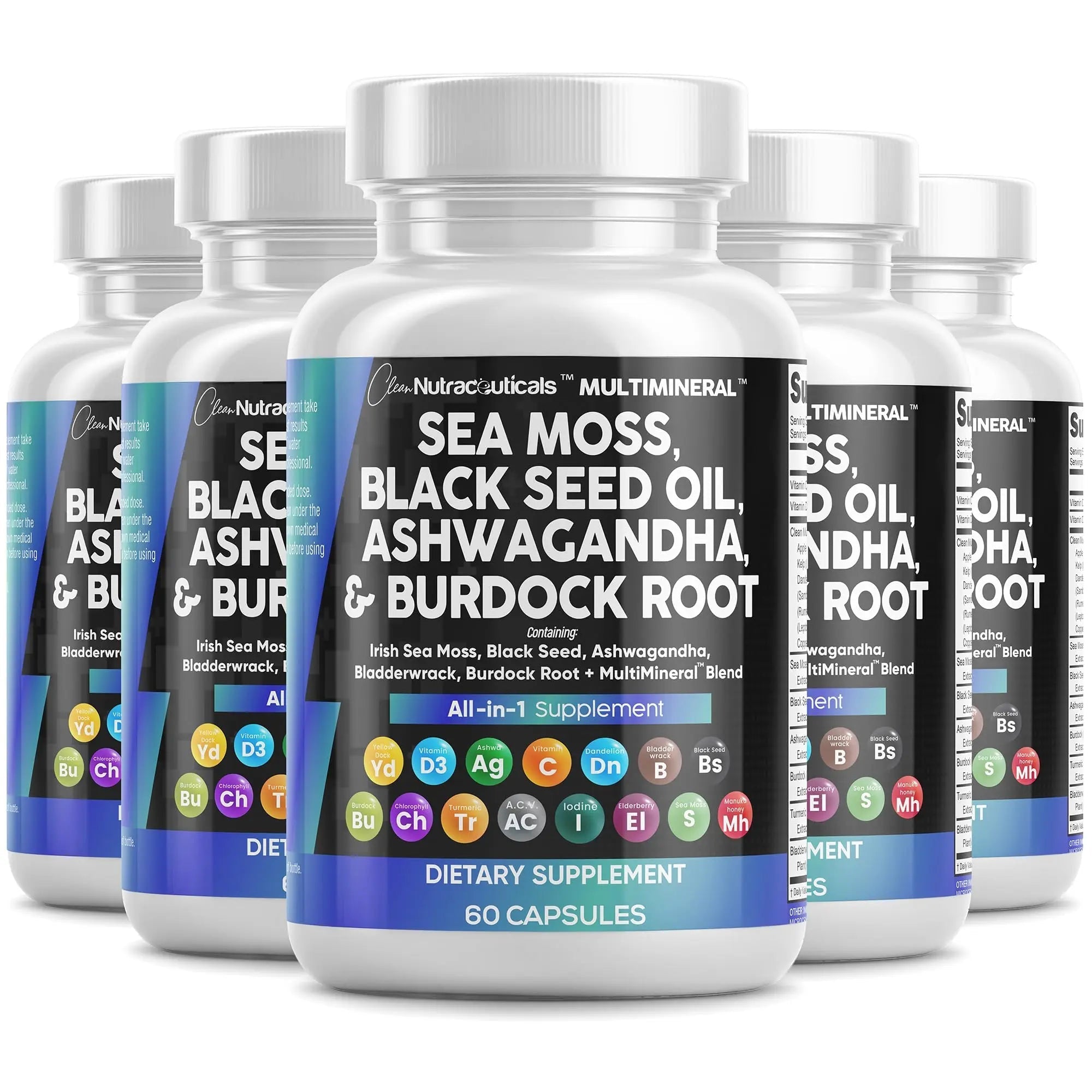 Sea Moss Black Seed Oil Ashwagandha Turmeric Bladderwrack Burdock & Vitamin C Vitamin D3 with Elderberry Manuka Dandelion Yellow Dock Iodine Chlorophyll ACV - 5Pack - TrustMedUSA