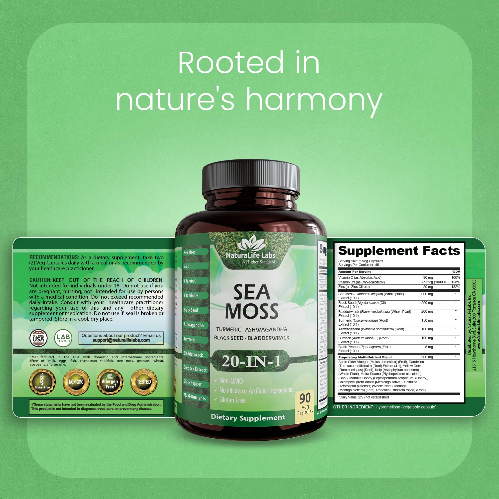 Sea Moss, Black Seed Oil, Bladderwrack, Turmeric, Ashwagandha, Burdock, Vitamin C, D3, Yellow Dock Root, Manuka, Dandelion - 90 Veggie caps - TrustMedUSA