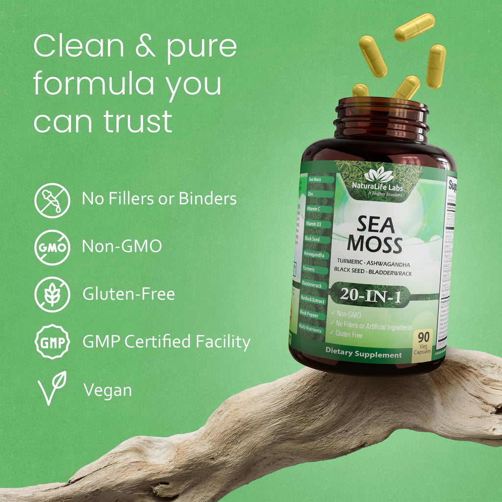 Sea Moss, Black Seed Oil, Bladderwrack, Turmeric, Ashwagandha, Burdock, Vitamin C, D3, Yellow Dock Root, Manuka, Dandelion - 90 Veggie caps - TrustMedUSA