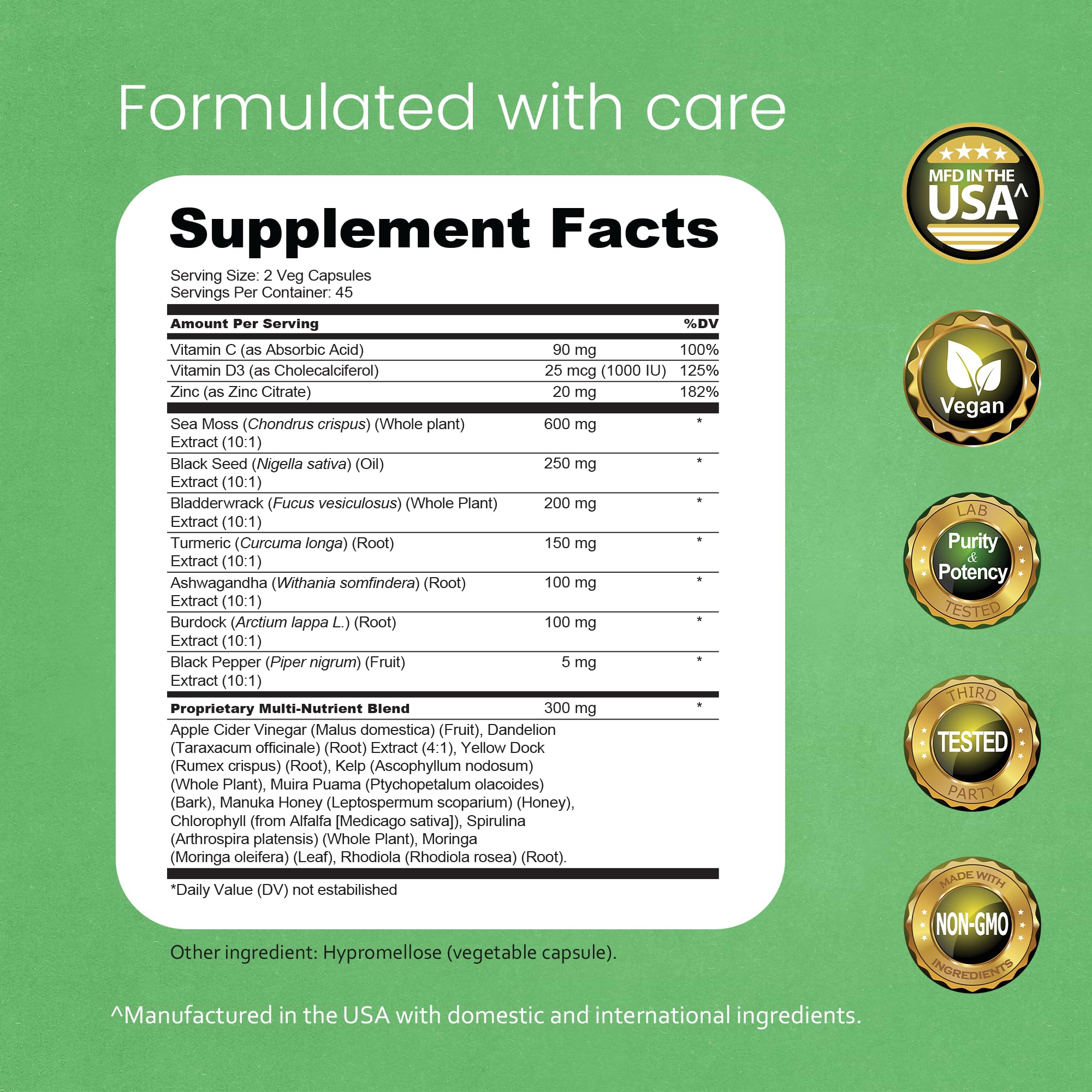 Sea Moss, Black Seed Oil, Bladderwrack, Turmeric, Ashwagandha, Burdock, Vitamin C, D3, Yellow Dock Root, Manuka, Dandelion - 90 Veggie caps - TrustMedUSA