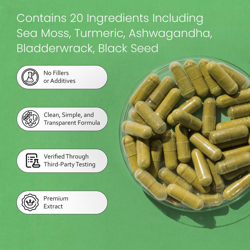 Sea Moss, Black Seed Oil, Bladderwrack, Turmeric, Ashwagandha, Burdock, Vitamin C, D3, Yellow Dock Root, Manuka, Dandelion - 90 Veggie caps - TrustMedUSA