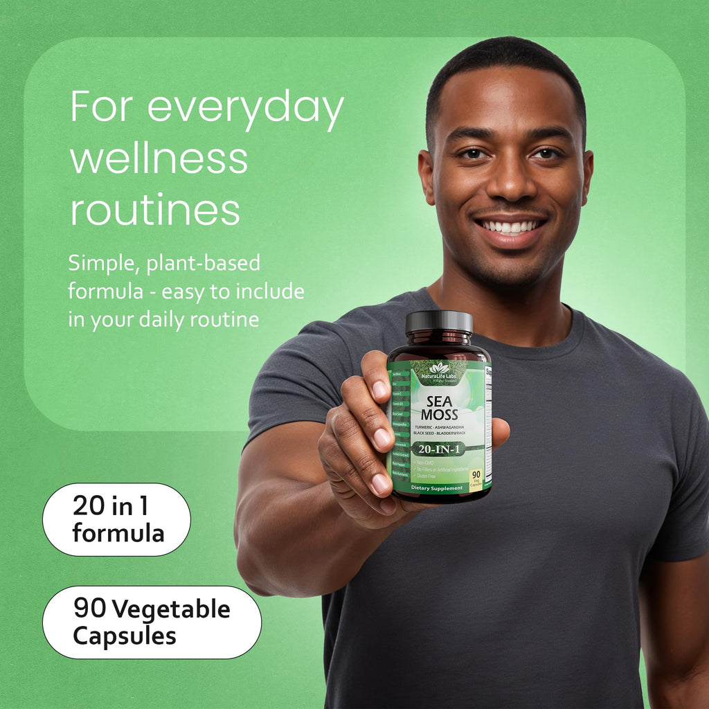Sea Moss, Black Seed Oil, Bladderwrack, Turmeric, Ashwagandha, Burdock, Vitamin C, D3, Yellow Dock Root, Manuka, Dandelion - 90 Veggie caps - TrustMedUSA