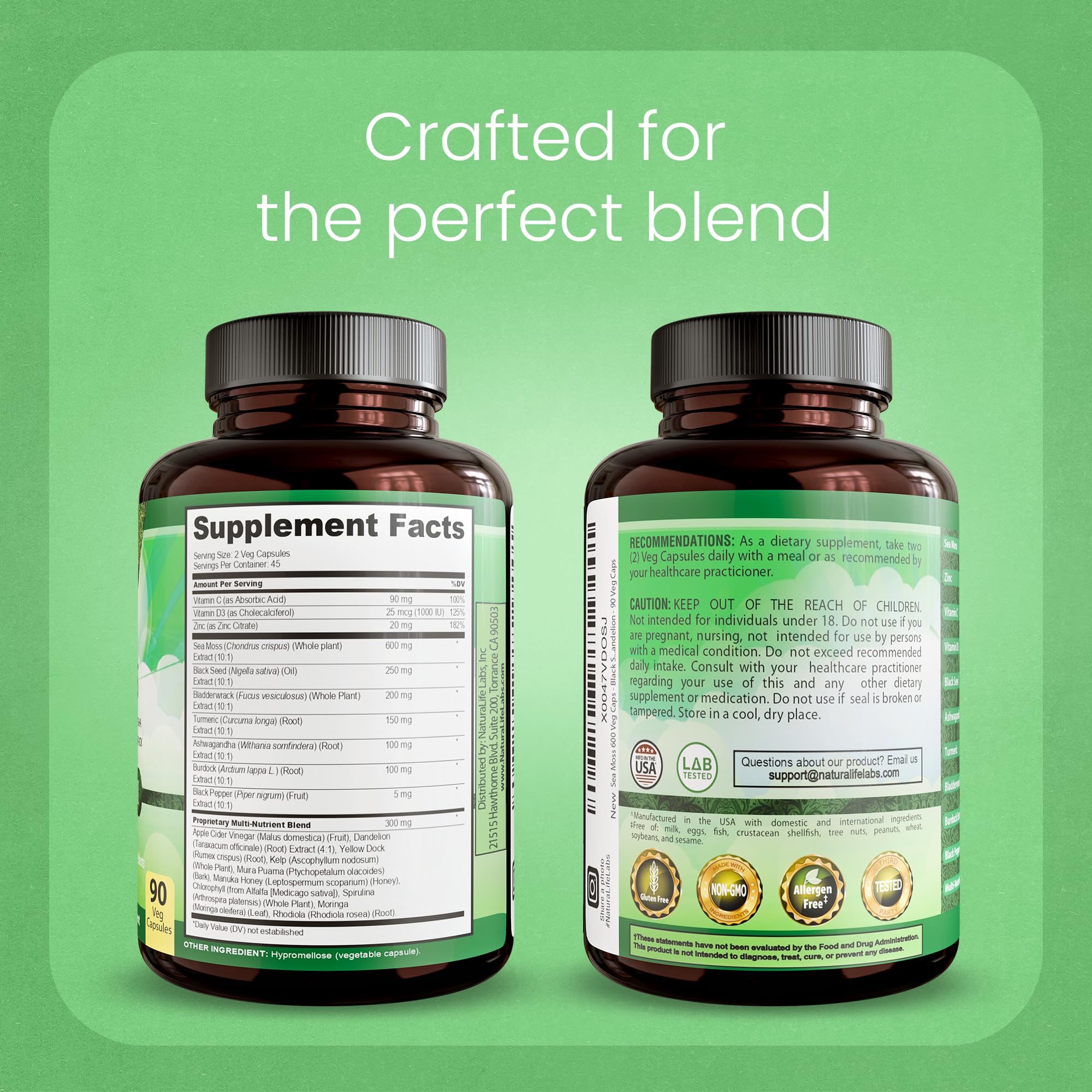 Sea Moss, Black Seed Oil, Bladderwrack, Turmeric, Ashwagandha, Burdock, Vitamin C, D3, Yellow Dock Root, Manuka, Dandelion - 90 Veggie caps - TrustMedUSA