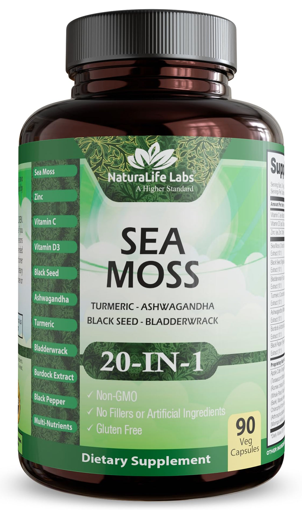 Sea Moss, Black Seed Oil, Bladderwrack, Turmeric, Ashwagandha, Burdock, Vitamin C, D3, Yellow Dock Root, Manuka, Dandelion - 90 Veggie caps - TrustMedUSA