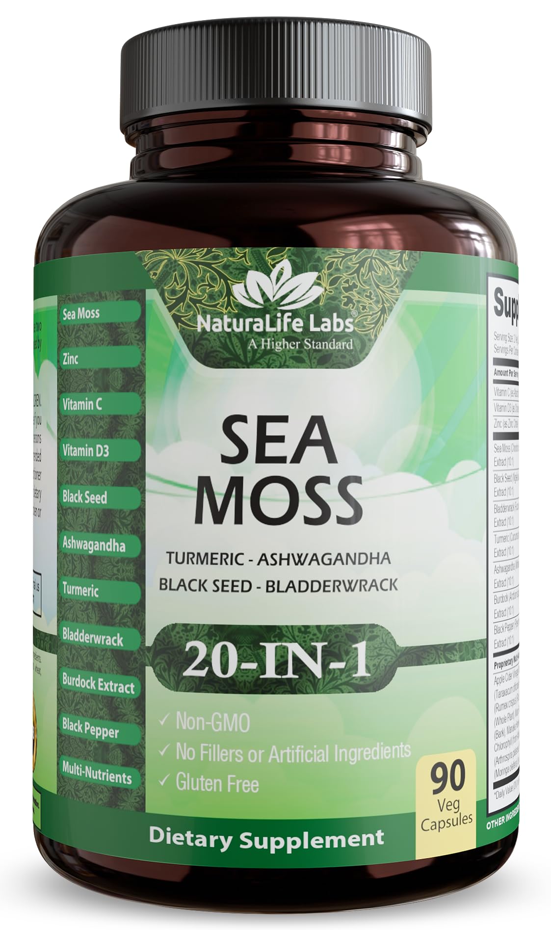 Sea Moss, Black Seed Oil, Bladderwrack, Turmeric, Ashwagandha, Burdock, Vitamin C, D3, Yellow Dock Root, Manuka, Dandelion - 90 Veggie caps - TrustMedUSA