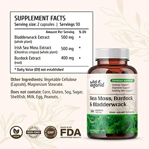Sea Moss Capsules - 180 Caps Wildcrafted Irish Moss, Burdock Root & Bladderwrack - TrustMedUSA