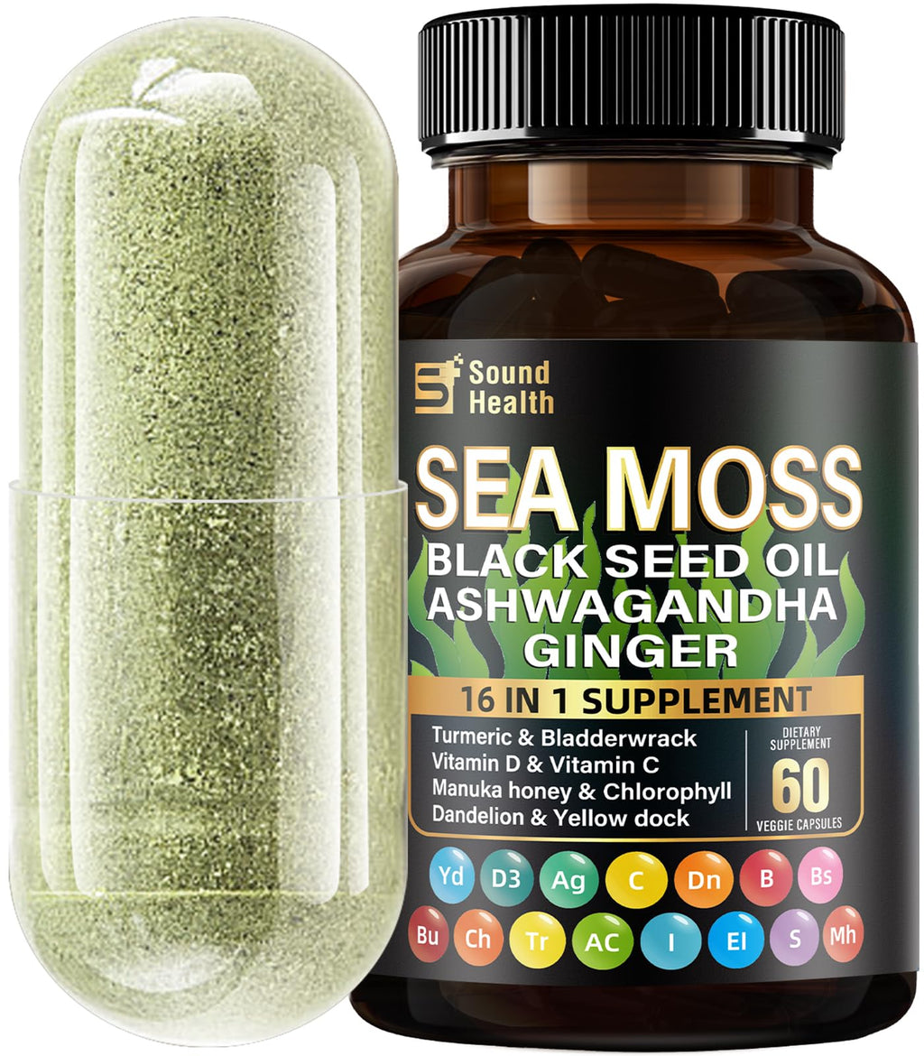 Sea Moss Capsules with Ashwagandha, Turmeric, Bladderwrack, Vitamins C & D for Natural Energy, Sleep Support & Hair Growth, 1200mg Herbal Blend, for Man & Women, Third-Party Tested，16-in-1 Supplement - TrustMedUSA