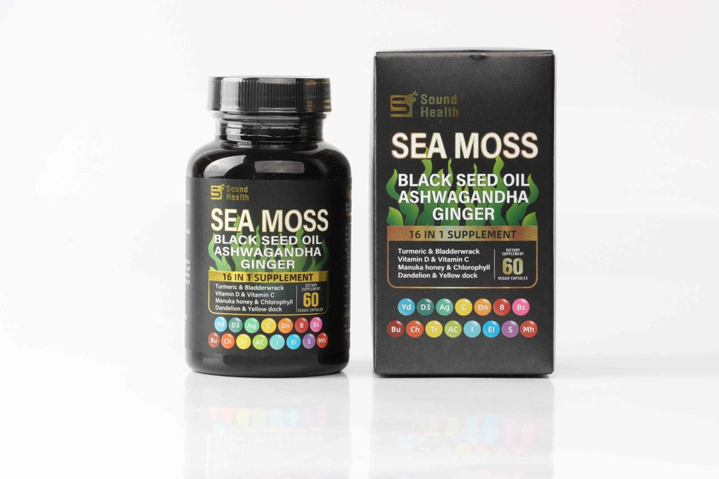 Sea Moss Capsules with Ashwagandha, Turmeric, Bladderwrack, Vitamins C & D for Natural Energy, Sleep Support & Hair Growth, 1200mg Herbal Blend, for Man & Women, Third-Party Tested，16-in-1 Supplement - TrustMedUSA