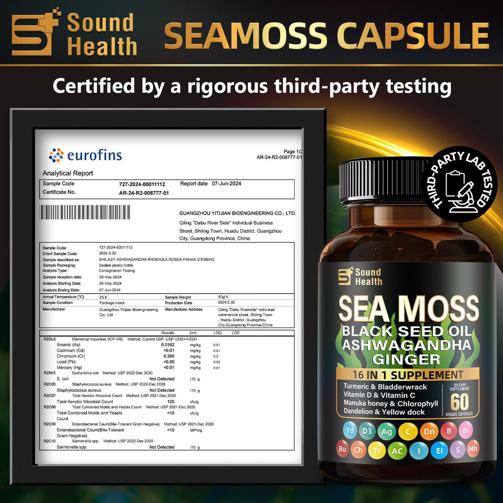 Sea Moss Capsules with Ashwagandha, Turmeric, Bladderwrack, Vitamins C & D for Natural Energy, Sleep Support & Hair Growth, 1200mg Herbal Blend, for Man & Women, Third-Party Tested，16-in-1 Supplement - TrustMedUSA