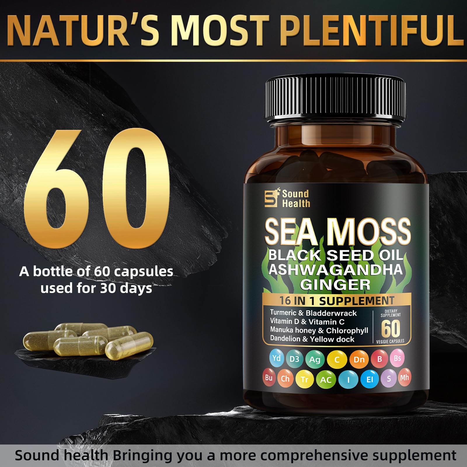 Sea Moss Capsules with Ashwagandha, Turmeric, Bladderwrack, Vitamins C & D for Natural Energy, Sleep Support & Hair Growth, 1200mg Herbal Blend, for Man & Women, Third-Party Tested，16-in-1 Supplement - TrustMedUSA
