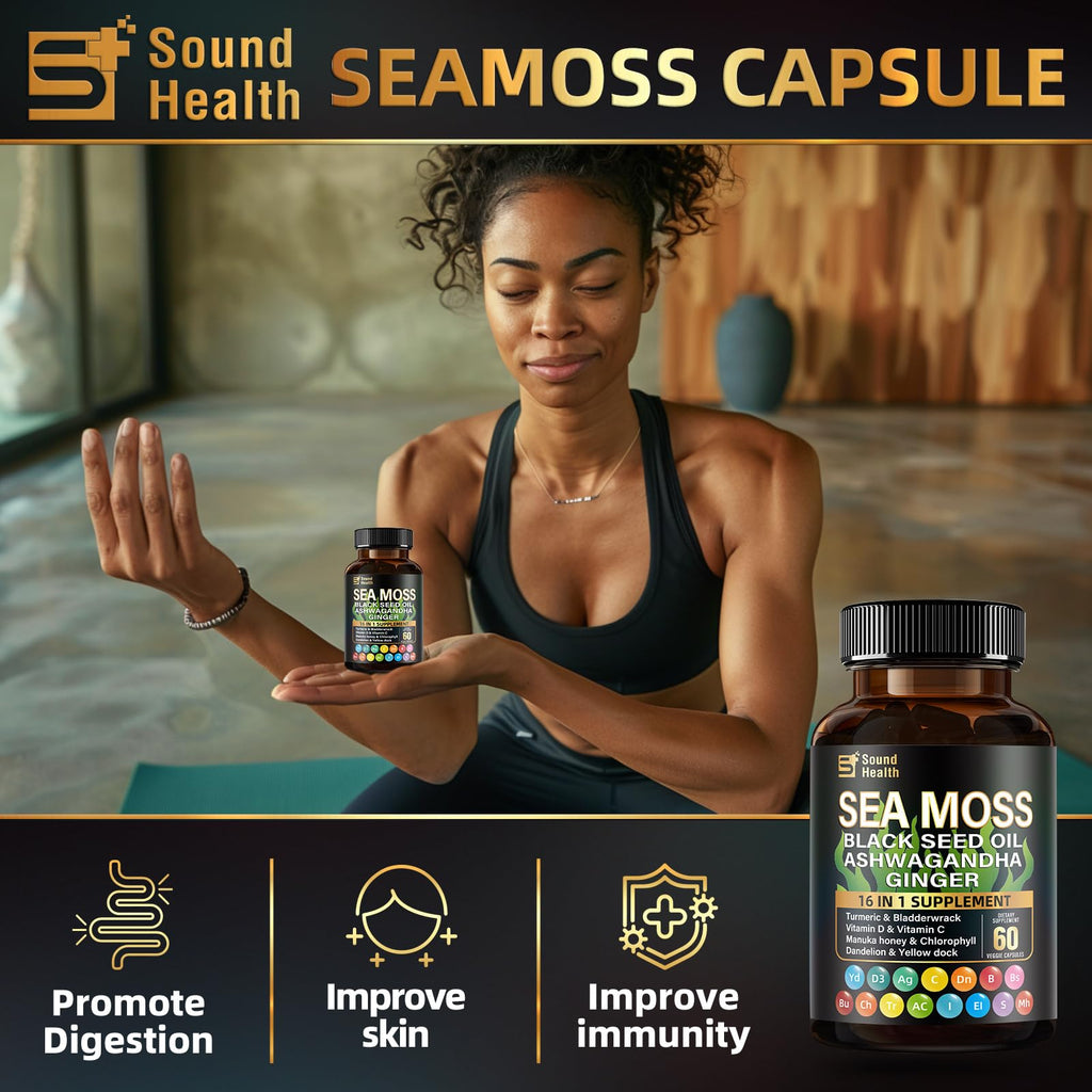 Sea Moss Capsules with Ashwagandha, Turmeric, Bladderwrack, Vitamins C & D for Natural Energy, Sleep Support & Hair Growth, 1200mg Herbal Blend, for Man & Women, Third-Party Tested，16-in-1 Supplement - TrustMedUSA