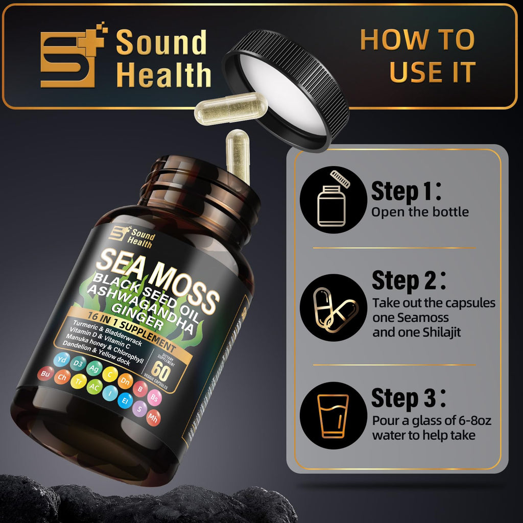 Sea Moss Capsules with Ashwagandha, Turmeric, Bladderwrack, Vitamins C & D for Natural Energy, Sleep Support & Hair Growth, 1200mg Herbal Blend, for Man & Women, Third-Party Tested，16-in-1 Supplement - TrustMedUSA