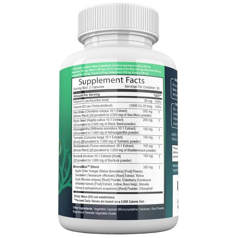 Sea Moss Capsules with Black Seed Oil, Burdock Root, Bladderwrack, Turmeric, Ashwagan - TrustMedUSA