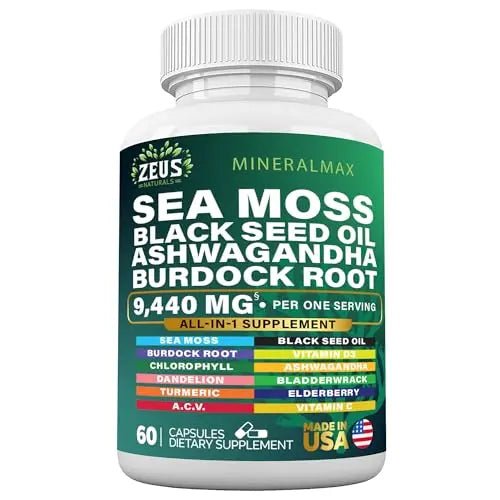 Sea Moss Capsules with Black Seed Oil, Burdock Root, Bladderwrack, Turmeric, Ashwagan - TrustMedUSA