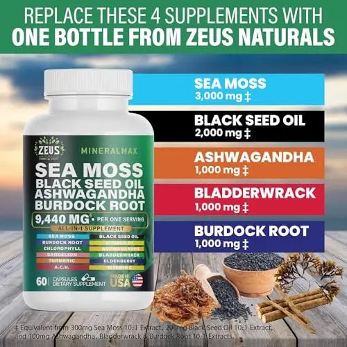 Sea Moss Capsules with Black Seed Oil, Burdock Root, Bladderwrack, Turmeric, Ashwagan - TrustMedUSA