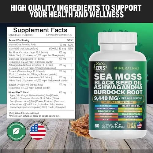 Sea Moss Capsules with Black Seed Oil, Burdock Root, Bladderwrack, Turmeric, Ashwagan - TrustMedUSA