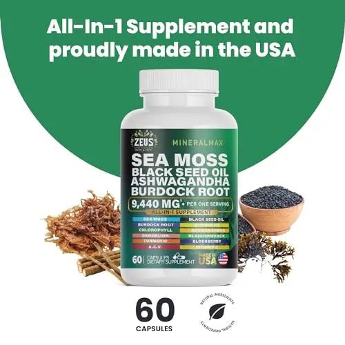Sea Moss Capsules with Black Seed Oil, Burdock Root, Bladderwrack, Turmeric, Ashwagan - TrustMedUSA