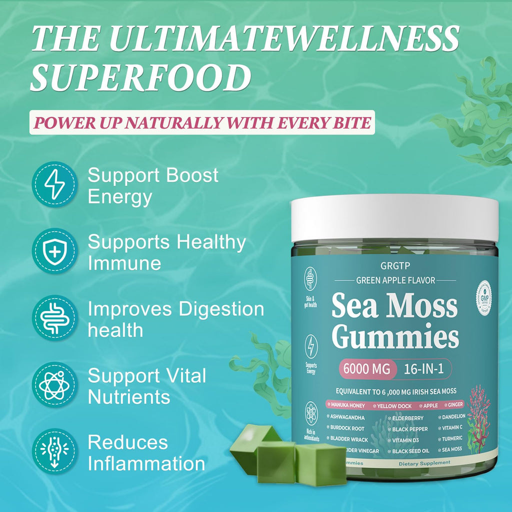 Sea Moss Gummies 16-in-1 - Ashwagandha Black Seed Oil Bladder Wrack Turmeric Vitamin C & D3 with Manuka Burdock Root Dandelion Yellow Dock Natural Detox & Liver Health Immune Support, Energy Boost - TrustMedUSA
