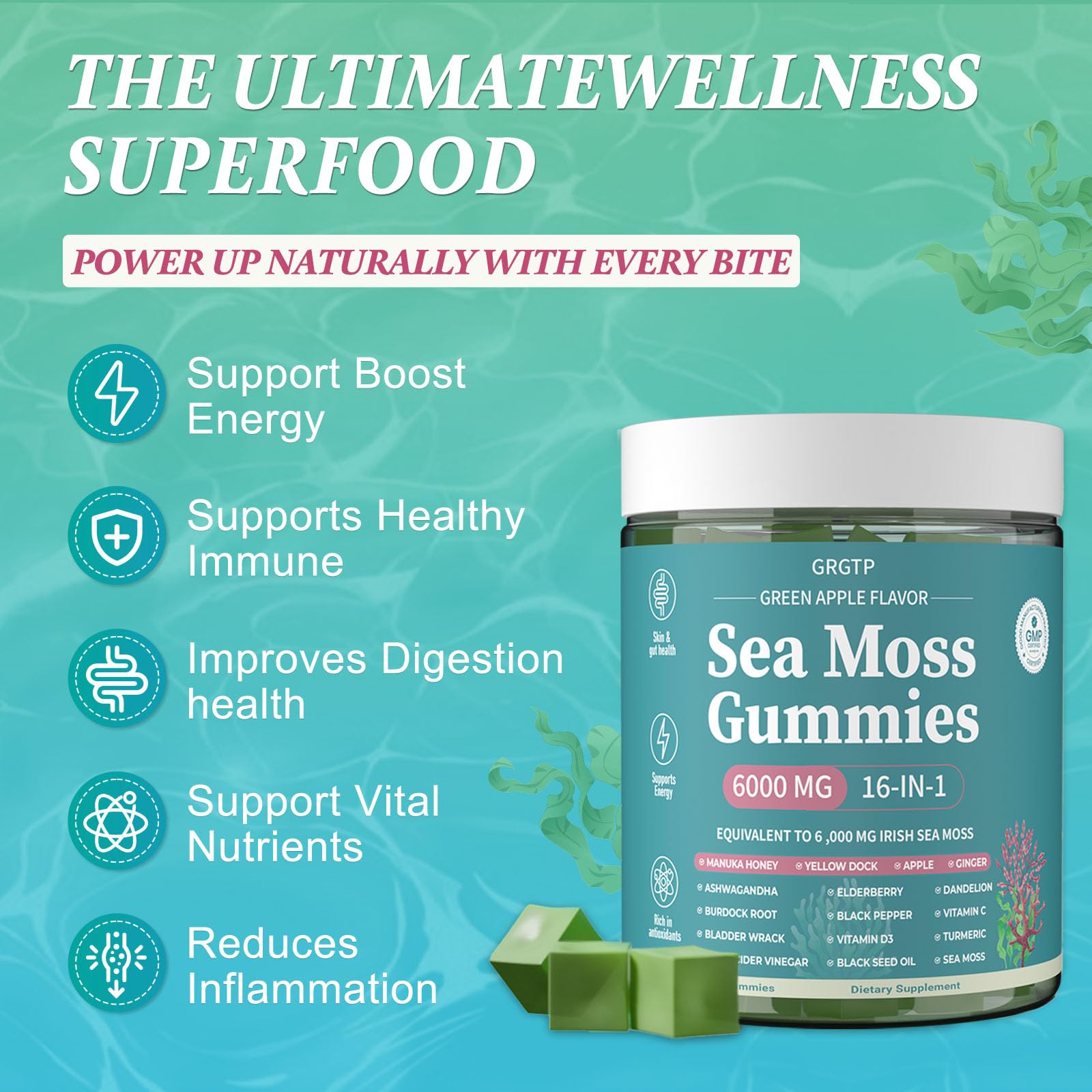 Sea Moss Gummies 16-in-1 - Ashwagandha Black Seed Oil Bladder Wrack Turmeric Vitamin C & D3 with Manuka Burdock Root Dandelion Yellow Dock Natural Detox & Liver Health Immune Support, Energy Boost - TrustMedUSA