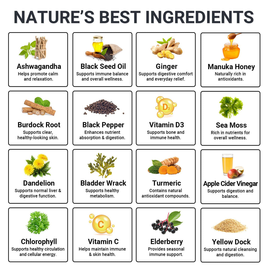 Sea Moss Gummies 16-in-1 - Ashwagandha Black Seed Oil Bladder Wrack Turmeric Vitamin C & D3 with Manuka Burdock Root Dandelion Yellow Dock Natural Detox & Liver Health Immune Support, Energy Boost - TrustMedUSA
