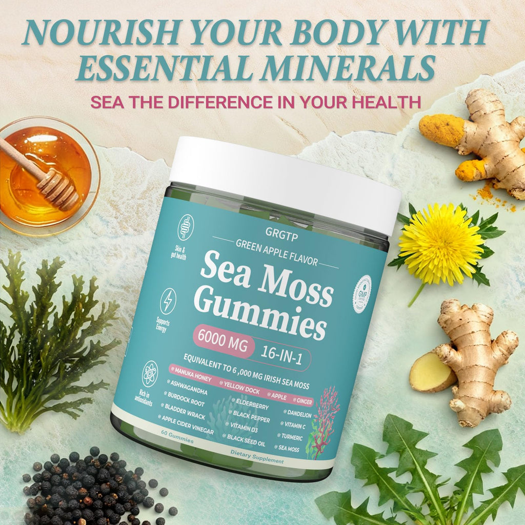 Sea Moss Gummies 16-in-1 - Ashwagandha Black Seed Oil Bladder Wrack Turmeric Vitamin C & D3 with Manuka Burdock Root Dandelion Yellow Dock Natural Detox & Liver Health Immune Support, Energy Boost - TrustMedUSA