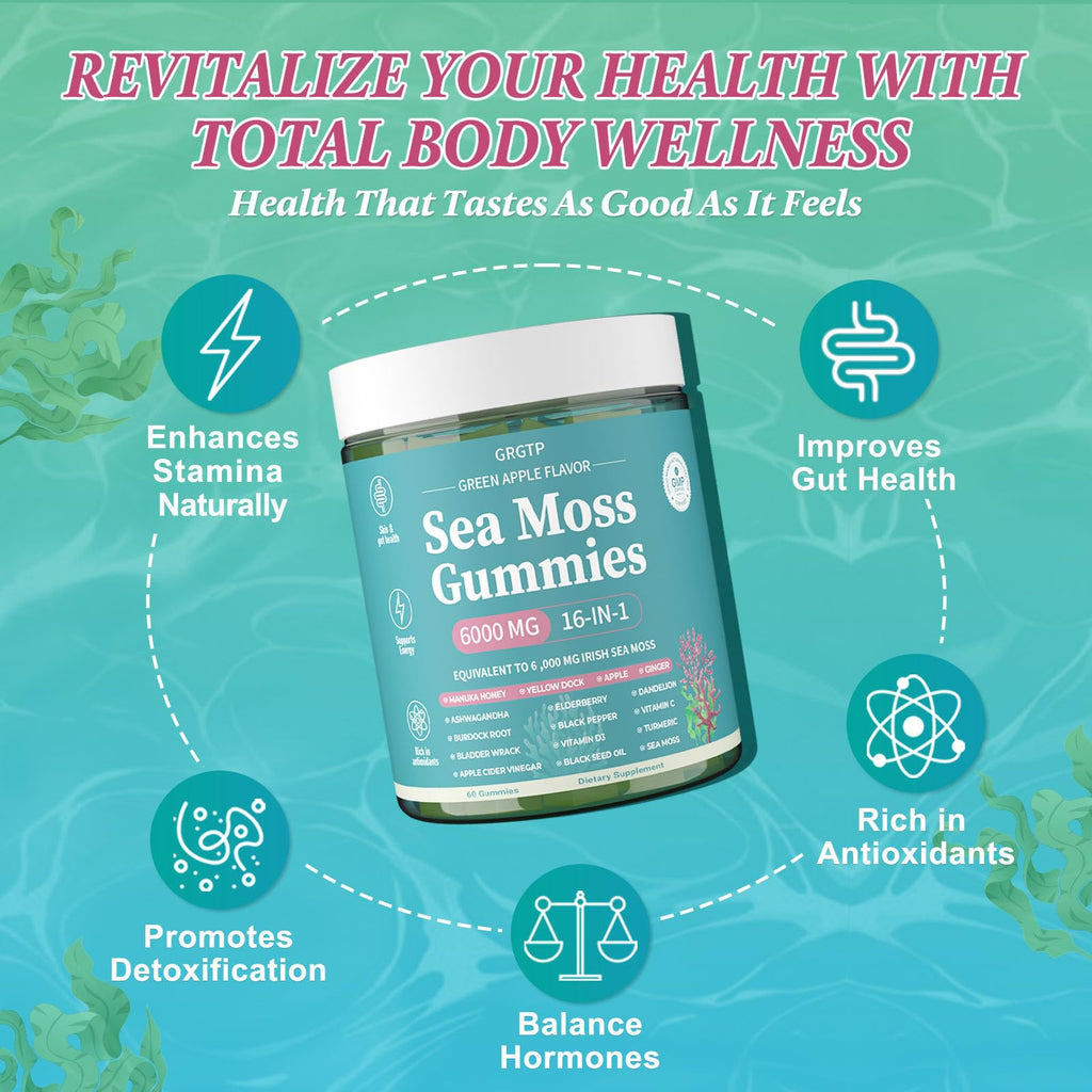Sea Moss Gummies 16-in-1 - Ashwagandha Black Seed Oil Bladder Wrack Turmeric Vitamin C & D3 with Manuka Burdock Root Dandelion Yellow Dock Natural Detox & Liver Health Immune Support, Energy Boost - TrustMedUSA