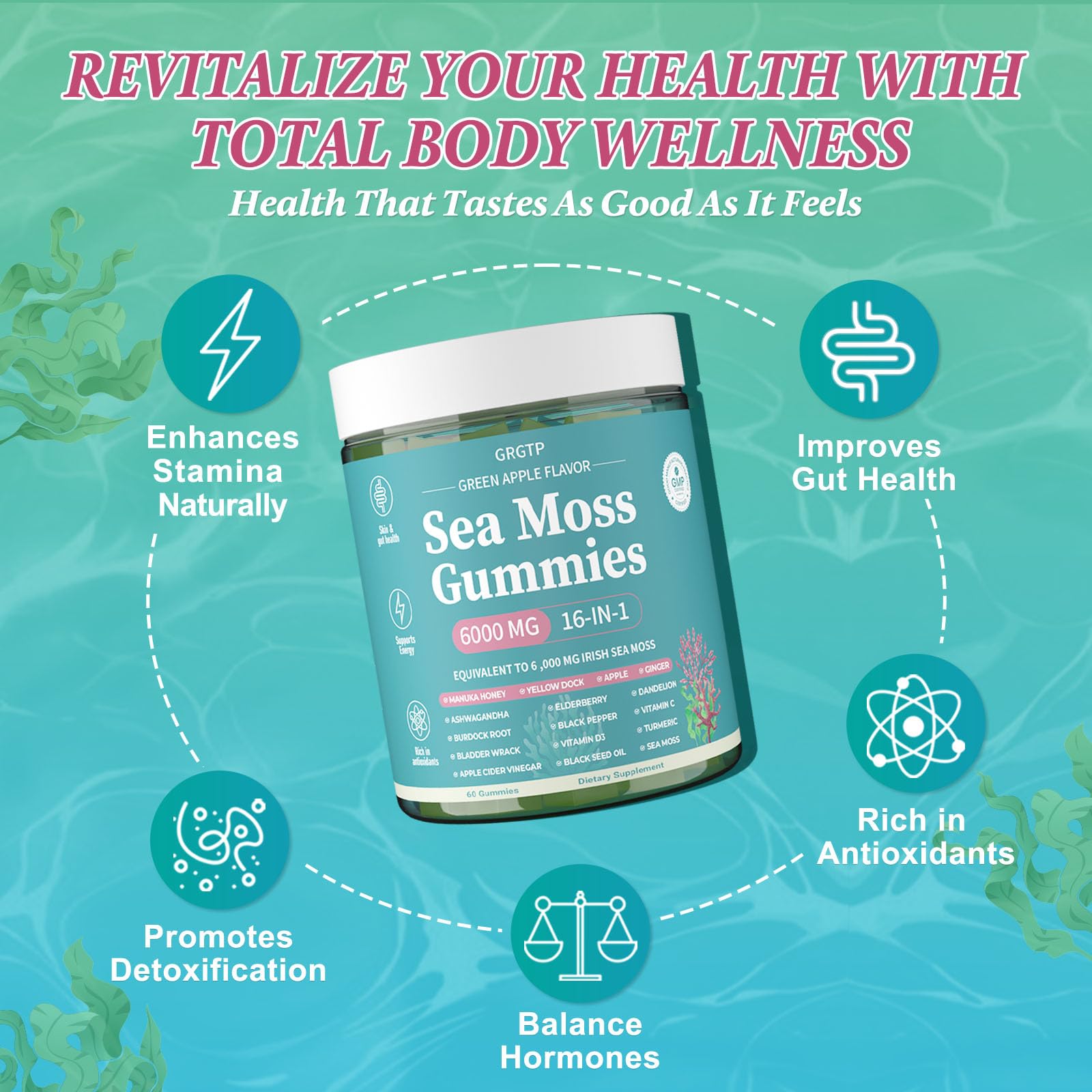 Sea Moss Gummies 16-in-1 - Ashwagandha Black Seed Oil Bladder Wrack Turmeric Vitamin C & D3 with Manuka Burdock Root Dandelion Yellow Dock Natural Detox & Liver Health Immune Support, Energy Boost - TrustMedUSA