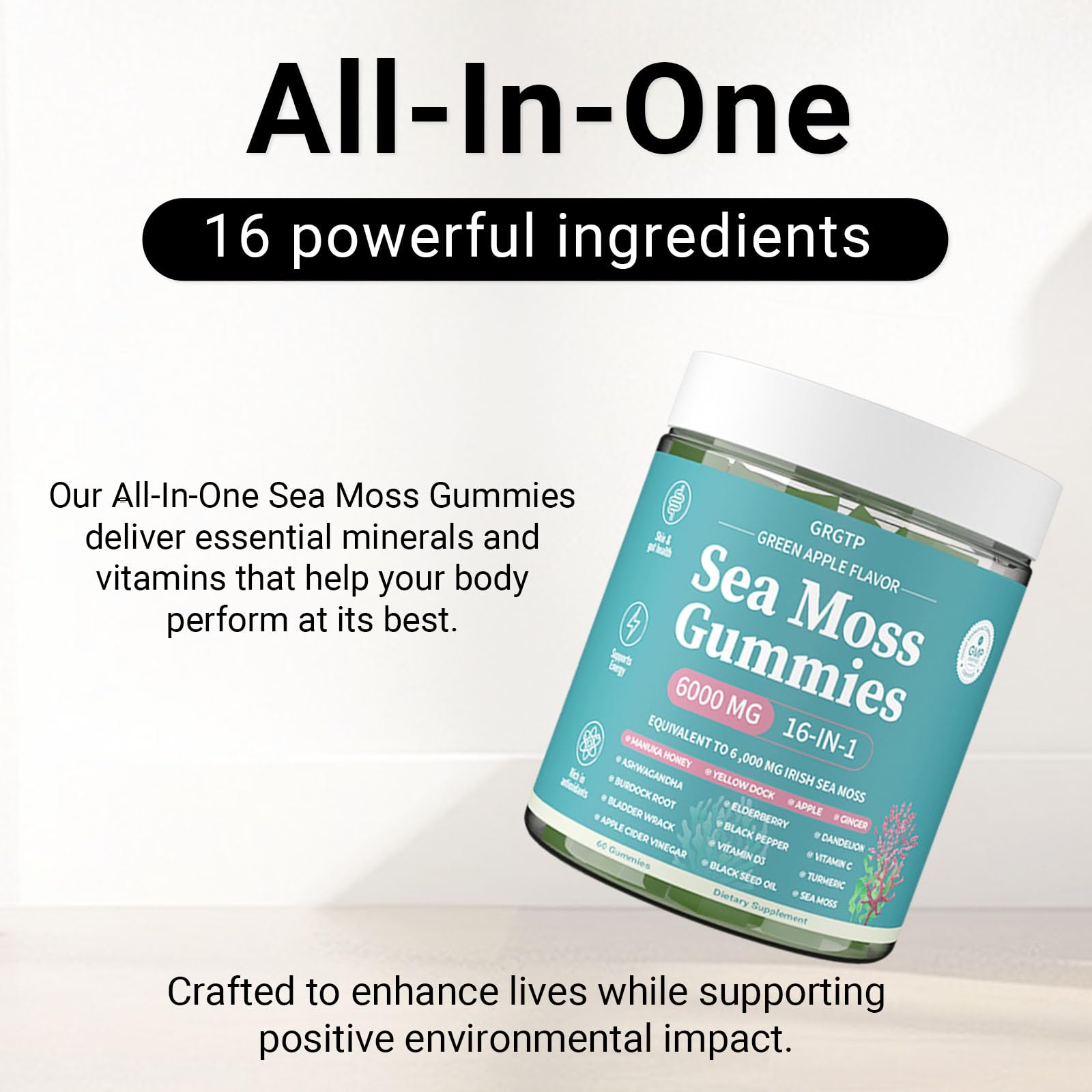 Sea Moss Gummies 16-in-1 - Ashwagandha Black Seed Oil Bladder Wrack Turmeric Vitamin C & D3 with Manuka Burdock Root Dandelion Yellow Dock Natural Detox & Liver Health Immune Support, Energy Boost - TrustMedUSA