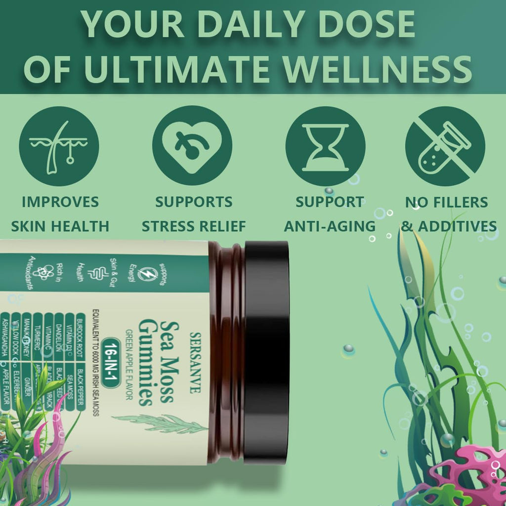 Sea Moss Gummies 16-in-1, with Black Seed Oil, Ashwagandha & Elderberry | Organic Irish Sea Moss Supplement for Men & Women | Daily Support with Manuka, Burdock Root & Vitamins C & D3, 30 Gummies - TrustMedUSA