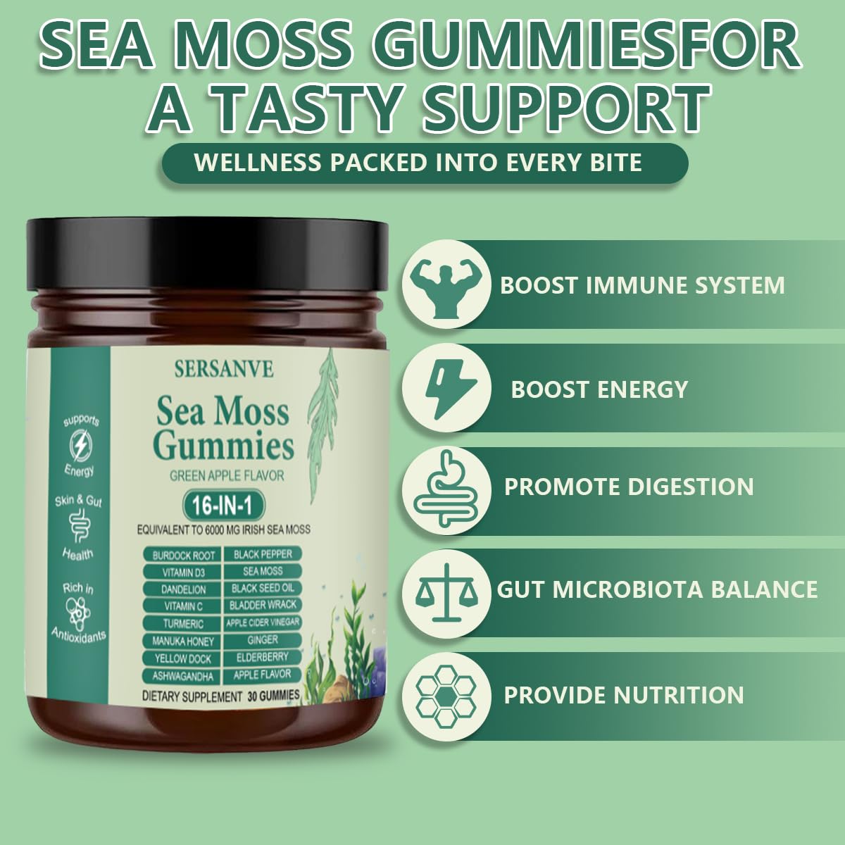 Sea Moss Gummies 16-in-1, with Black Seed Oil, Ashwagandha & Elderberry | Organic Irish Sea Moss Supplement for Men & Women | Daily Support with Manuka, Burdock Root & Vitamins C & D3, 30 Gummies - TrustMedUSA