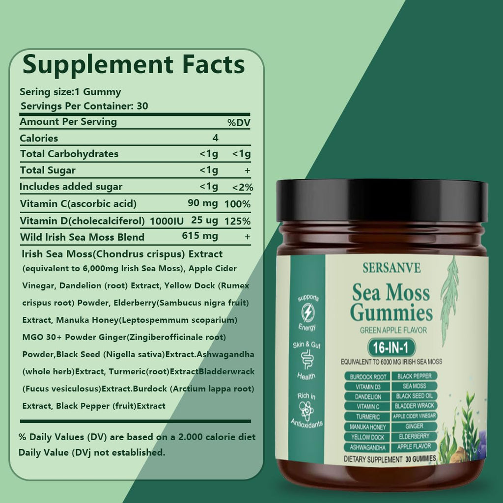 Sea Moss Gummies 16-in-1, with Black Seed Oil, Ashwagandha & Elderberry | Organic Irish Sea Moss Supplement for Men & Women | Daily Support with Manuka, Burdock Root & Vitamins C & D3, 30 Gummies - TrustMedUSA