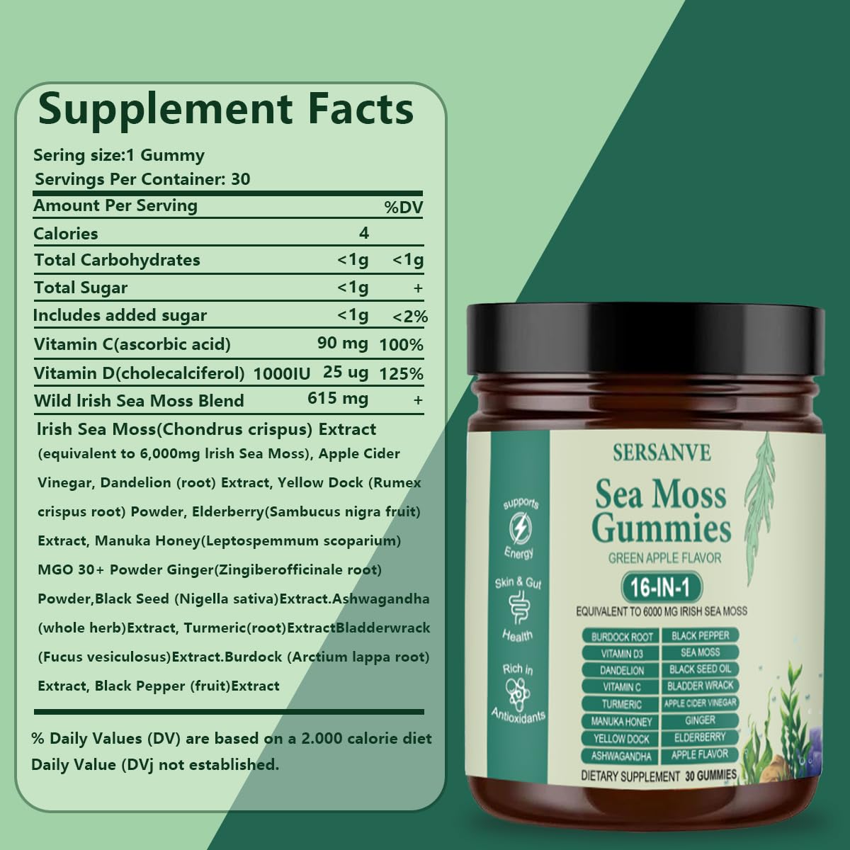 Sea Moss Gummies 16-in-1, with Black Seed Oil, Ashwagandha & Elderberry | Organic Irish Sea Moss Supplement for Men & Women | Daily Support with Manuka, Burdock Root & Vitamins C & D3, 30 Gummies - TrustMedUSA