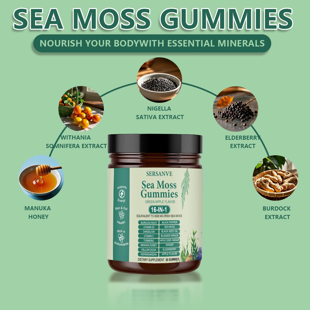 Sea Moss Gummies 16-in-1, with Black Seed Oil, Ashwagandha & Elderberry | Organic Irish Sea Moss Supplement for Men & Women | Daily Support with Manuka, Burdock Root & Vitamins C & D3, 30 Gummies - TrustMedUSA